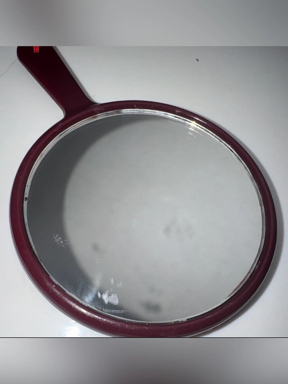 Round Handheld Mirror with Fabric Cover, Burgundy Handle, Cat Design